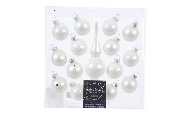 15 kerstballen met piek, glas, wit, 3 cm - afbeelding 1