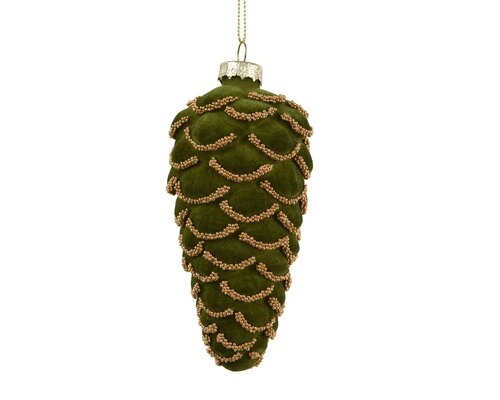 Dennenappel glas flock finish with bead chains, groen, Ø 6 cm x H 12,5 cm