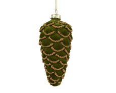 Dennenappel glas flock finish with bead chains, groen, Ø 6 cm x H 12,5 cm