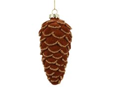 Dennenappel glas flock finish with bead chains, oranje, Ø 6 cm x H 12,5 cm