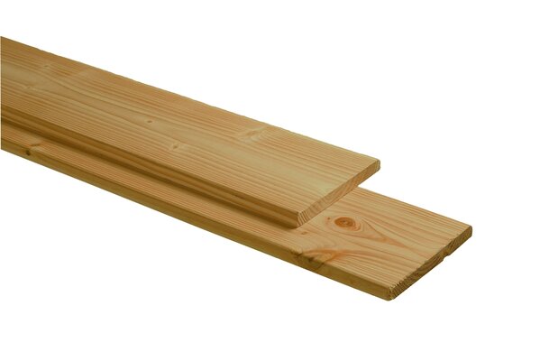 Douglas plank 1 zijde geschaafd, 1 zijde fijnbezaagd 2,8 x 24,5 x 400 cm, groen geïmpregneerd.