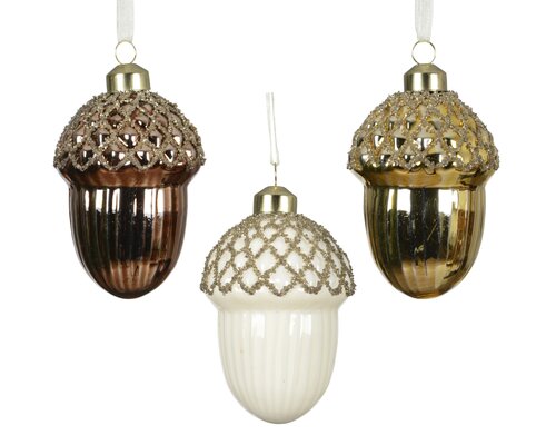 Eikel glas shiny w gold glitter on top, assortie, L 6,5 cm x B 6,5 cm x H 9 cm, keuze uit 1 stuks
