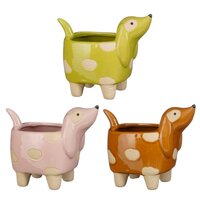 Funny pot hond bruin roze groen 3 assorti - l13,5xb8xh12cm