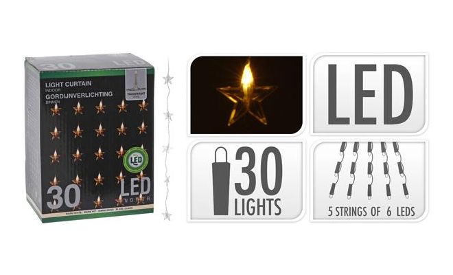 Gordijnverlichting, l 90 cm, b 120 cm, 30 LED sterren, Led kerstverlichting