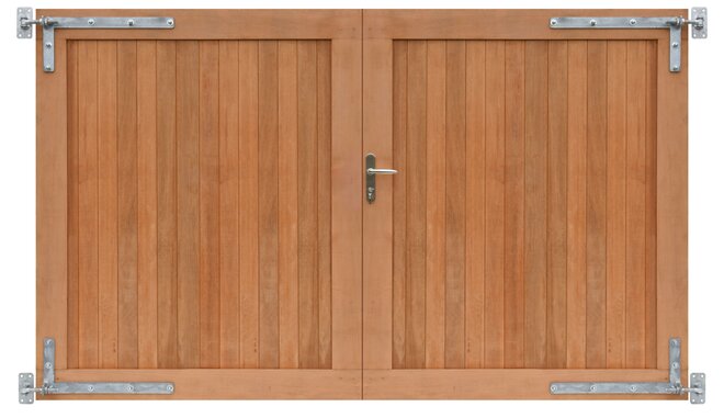 Hardhouten dubbele toegangspoort, verticaal, 300 x 180 cm. Incl. beslag.