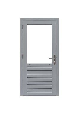 Hardhouten enkele 1-ruits deur Prestige met dubbelglas, linksdraaiend, 109 x 221 cm, grijs gegrond.