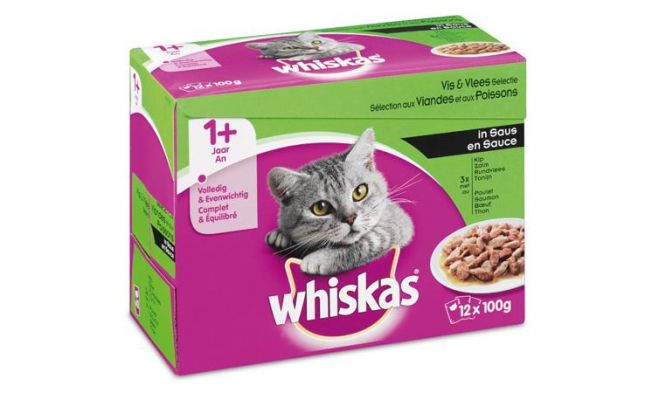 Kattenvoer, Whiskas Pouch, adult, vlees/vis in saus, 12x 100 gram