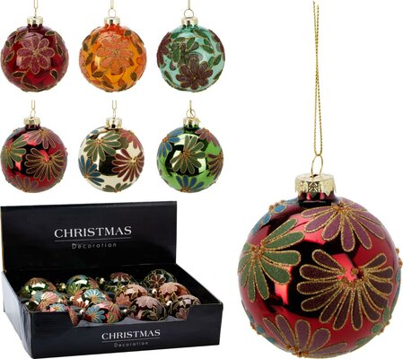 kerstbal glas 80mm bloem, per stuk