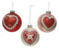 Kerstbal glas D 8cm hart rood/roze