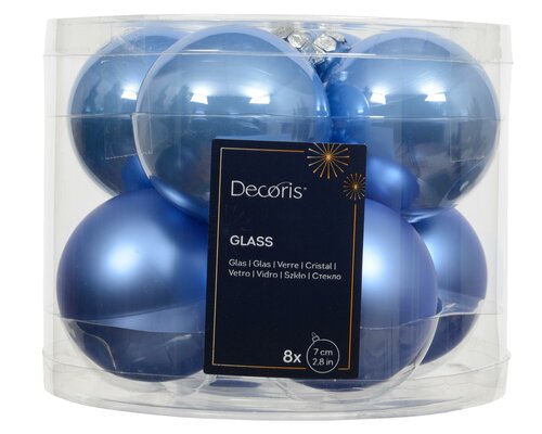 Kerstbal glas, mix, D 7 cm, 8 stuks, Sky blue