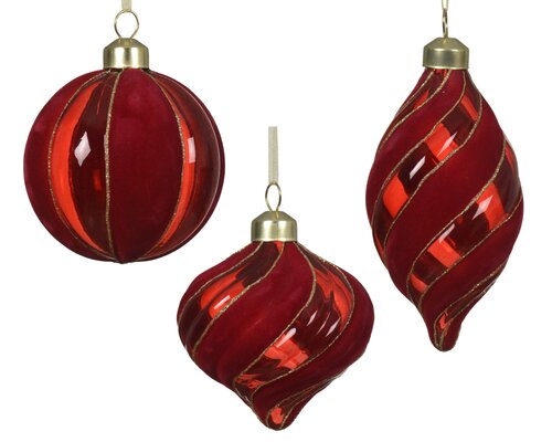 Kerstbal glas w flocking stripes , kerstrood, Ø 8 cm, keuze uit 1 stuks