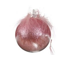 Kerstbal, kunststof, veer, glitter, roze, 8 cm