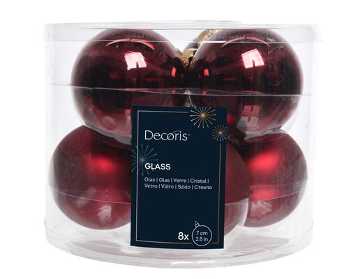 Kerstballen glas shiny, matt mix, ossenbloed, Ø 7 cm, 8 stuks - afbeelding 1