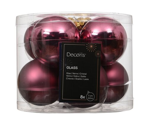 Kerstballen glas silver inside, shiny-matt mix, donker roze, Ø 7 cm, 8 stuks