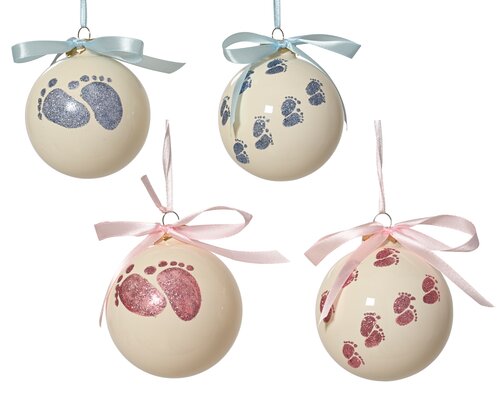 Kerstballen glas with footprints decal, with bow on top, assortie, Ø 8 cm, keuze uit 1 stuks