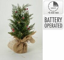 kerstboom met led 23 x 40 cm sneeuw finish en rode ballen - afbeelding 2