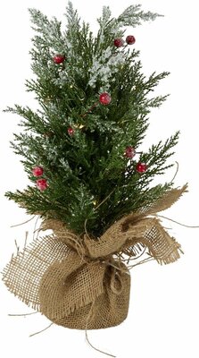 kerstboom met led 23 x 40 cm sneeuw finish en rode ballen - afbeelding 1