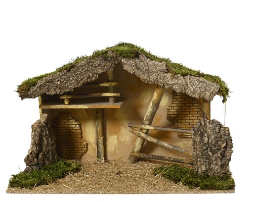 Kerststal hout house wood natural fsc mix 70%, naturel, L 58 cm x B 28 cm x H 35 cm