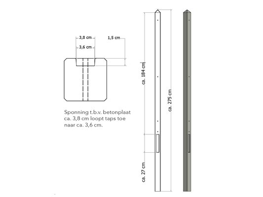 Lichtgewicht betonpaal met diamantkop ongecoat 8,5x8,5x275 cm, eindpaal, grijs.