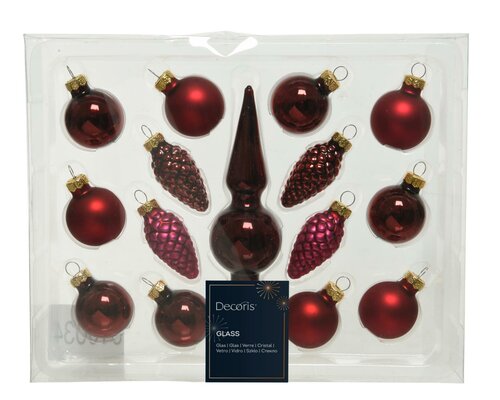 Ornamentenbox glas, Ossenbloed, 15 stuks