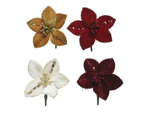 Poinsettia op clip polyester, assortie, Ø 10 cm x H 2 cm, keuze uit 1 stuks