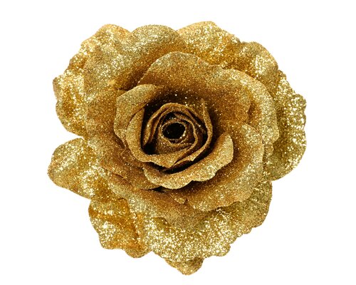 Roos op clip, polyester, D 12 cm, goud