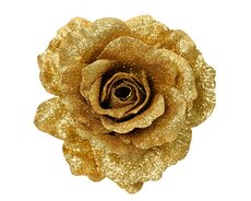 Roos op clip, polyester, D 12 cm, goud