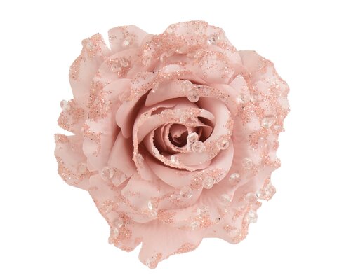 Roos op clip polyester, poederroze, Ø 14 cm x H 8 cm