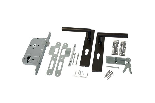 RVS luxe deurbeslagset zwart gecoat. SKG keurmerk met slotkast, cilinder, slot en duimen.
