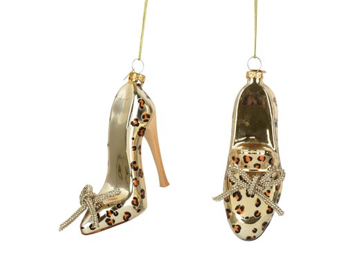 Schoen glas with leopard prints, bow, assortie, L 3,8 cm x B 9,5 cm x H 12 cm, keuze uit 1 stuks