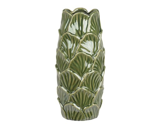 Vaas porselein cylinder reaction glazed leaves, licht groen, Ø 16 cm x H 37 cm