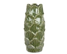 Vaas porselein cylinder reaction glazed leaves, licht groen, Ø 16 cm x H 37 cm